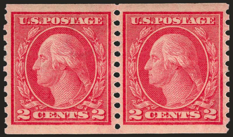 2c Red, Ty. II, Coil (454).> Mint N.H. pair, radiant color as fresh as the day it was printed, unusually choice centering with Jumbo margins<><>^EXTREMELY FINE GEM. A MAGNIFICENT MINT NEVER-HINGED PAIR OF THE
2-CENT HORIZONTAL COIL, SCOTT 454, WHIC