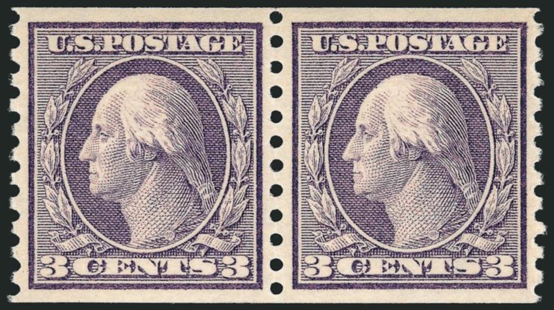 3c Violet, Coil (456).> Mint N.H. pair, brilliant color on post-office fresh paper, perfectly centered with wide margins on all sides<><>^EXTREMELY FINE GEM. THIS MINT NEVER-HINGED PAIR OF THE 3-CENT COIL,
SCOTT 456, HAS BEEN GRADED SUPERB 98 BY P.