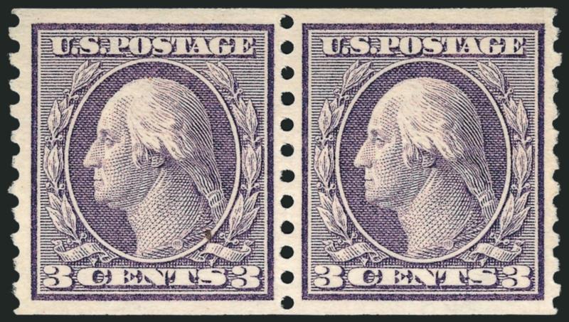 3c Violet, Coil (456).> Mint N.H. pair, brilliant color, beautiful centering, Extremely Fine, with 1978 P.F. and 2008 P.S.E. certificates (XF 90 SMQ $830.00)