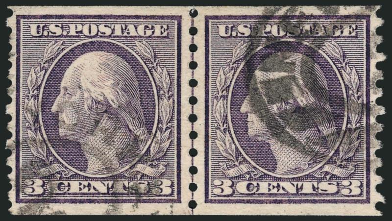 3c Violet, Coil (456).> Joint line pair, unusually well-centered, double oval cancels, few perf thins at left, otherwise Very Fine, with 2005 P.F. certificate
