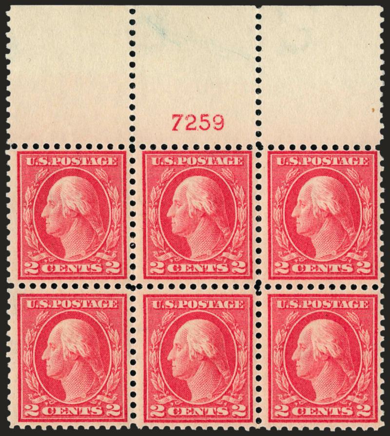 2c Pale Carmine Red, Ty. I (461).> Wide top plate no. 7259 block of six, faintly hinged in selvage, stamps Mint N.H., Fine and scarce, Scott Retail as six Mint N.H. singles