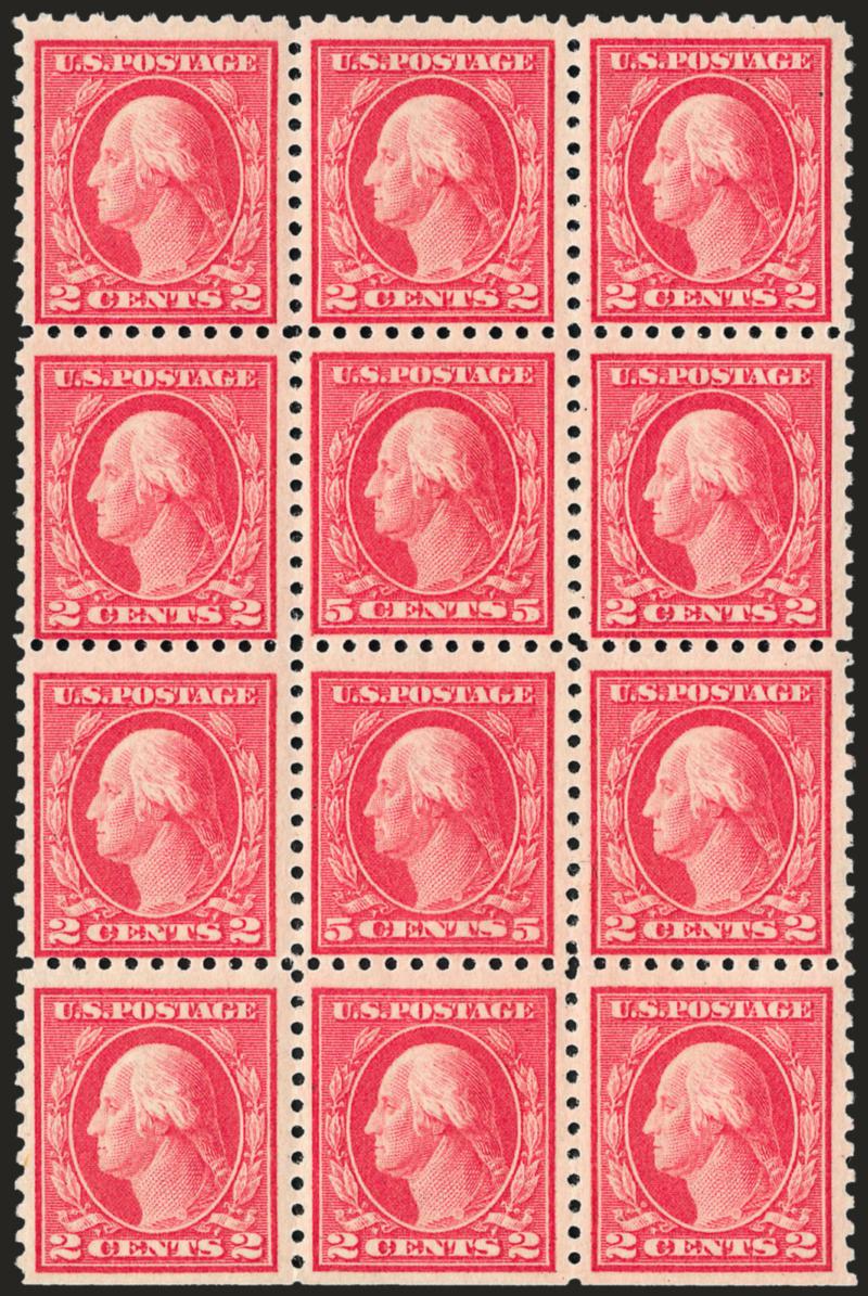 5c Carmine, Error (467).> Mint N.H. double error in block of twelve with natural s.e. at bottom, brilliant color, right 2c stamps natural pre-printing paperfold, Fine