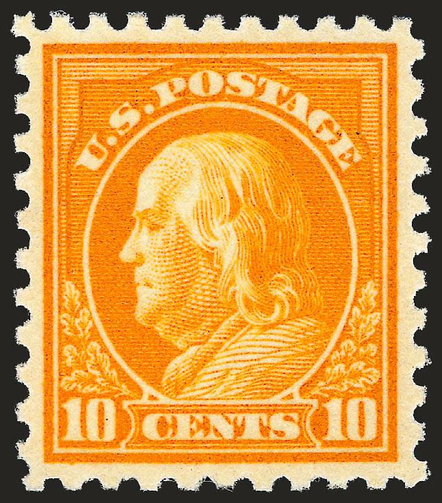 10c Orange Yellow (472).> Mint N.H., brilliant color, gorgeous centering with well-proportioned margins, long and full perforations<><>^EXTREMELY FINE GEM MINT NEVER-HINGED EXAMPLE OF THE 10-CENT 1916 ISSUE,
SCOTT 472.^<><>With 1997 P.F. and 2005