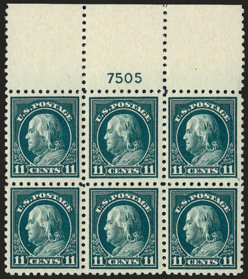 11c Dark Green (473).> Mint N.H. wide top plate no. 7505 block of six, lovely color on fresh paper, Very Fine and choice