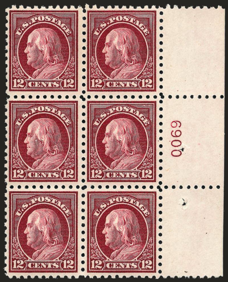 12c Claret Brown (474).> Mint N.H. right plate no. block of six, intense color, post-office fresh and Very Fine, ex Silver Lake, with 1990 P.S.E. and 2004 P.F. certificates