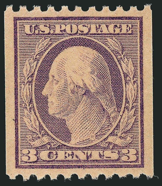 3c Violet, Ty. I, Coil (489).> Incredibly wide margins with mathematical centering, attractive pastel color, Extremely Fine Gem, with 2008 P.S.E. certificate (Gem 100 SMQ $26.00 as 98, unpriced in higher
grades), this is the only hinged No. 489 to h