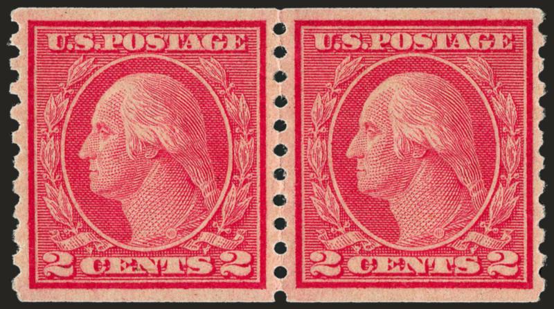 2c Carmine, Ty. II, Coil (491).> Pair, unusually choice centering, beautiful color<><>^EXTREMELY FINE. A GORGEOUS PAIR OF THE RARE 2-CENT HORIZONTAL COIL, SCOTT 491. DIFFICULT TO FIND WITH SUCH CHOICE
CENTERING.^<><>Unlike most other issues, the