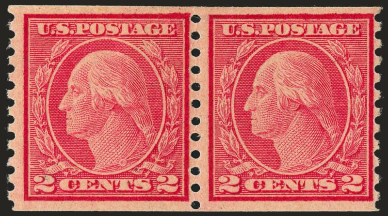2c Carmine, Ty. II, Coil (491).> Pair, single hinge mark, rich color, detailed impression<><>^VERY FINE PAIR OF THE RARE 2-CENT TYPE II PERF 10 HORIZONTAL COIL ON UNWATERMARKED PAPER.^<><>With 2001 P.F.
certificate
