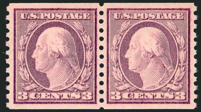 3c Violet, Ty. I, Coil (493).> Mint N.H. pair, fabulous margins and centering, fresh and crisp, Extremely Fine Gem, incredible quality for this coil issue, with 2007 P.S.E. certificate (Superb 98 SMQ
$580.00)