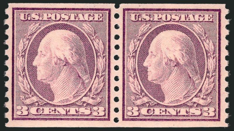 3c Violet, Ty. I, Coil (493).> Mint N.H. pair, nearly perfectly balanced margins, fresh and crisp, lovely pastel color, Extremely Fine Gem, with 2007 P.S.E. certificate (XF-Superb 95 SMQ $285.00)