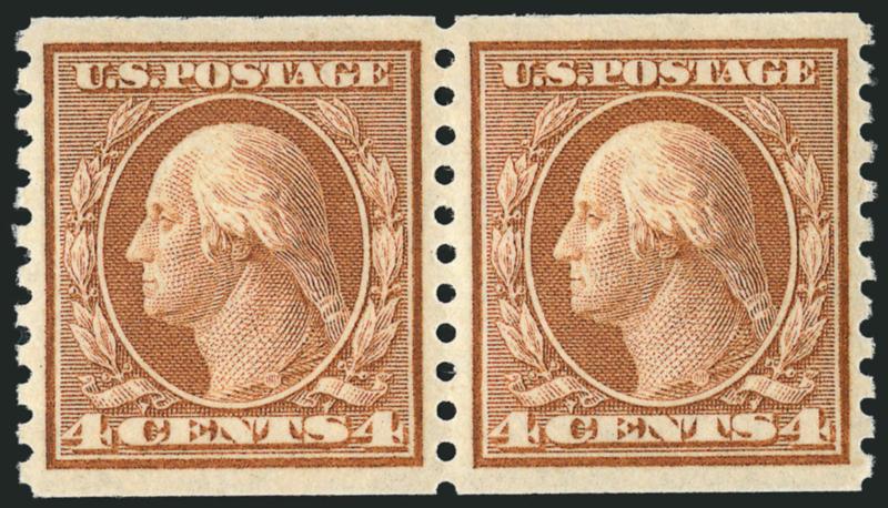 4c Orange Brown, Coil (495).> Mint N.H. pair, radiant color, crisp impression, perfectly centered, Extremely Fine Gem, a phenomenal pair, with 2008 P.S.E. certificate (Superb 98 SMQ $475.00), only one has
graded higher to date