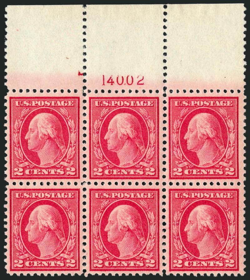 2c Rose, Ty. I (499).> Mint N.H. wide top plate no. 14002 block six, beautifully centered, Extremely Fine, with 2008 P.S.E. certificate