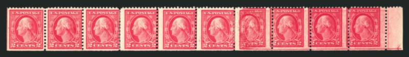 2c Rose, Double Impression, Squeezed Double Impression (499g, 499g var.).> Horizontal strip of ten with natural s.e.s at bottom and left showing most of arrow at right, extremely mixed centering, some hinge
reinforcements, first three stamps at le