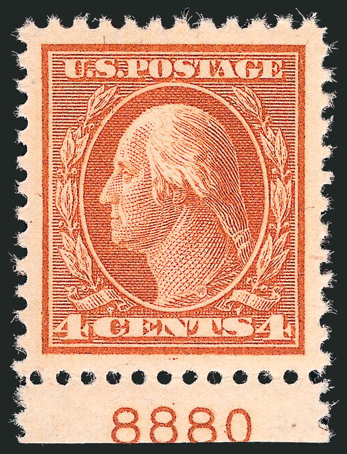4c Brown (503).> Mint N.H. with bottom plate no. 8880, incredibly beautiful balanced Jumbo margins, lovely bright color on crisp white paper, Extremely Fine Gem, with 2008 P.S.E. certificate (Superb 98 Jumbo
SMQ $870.00 as 98, unpriced in 100 grade)