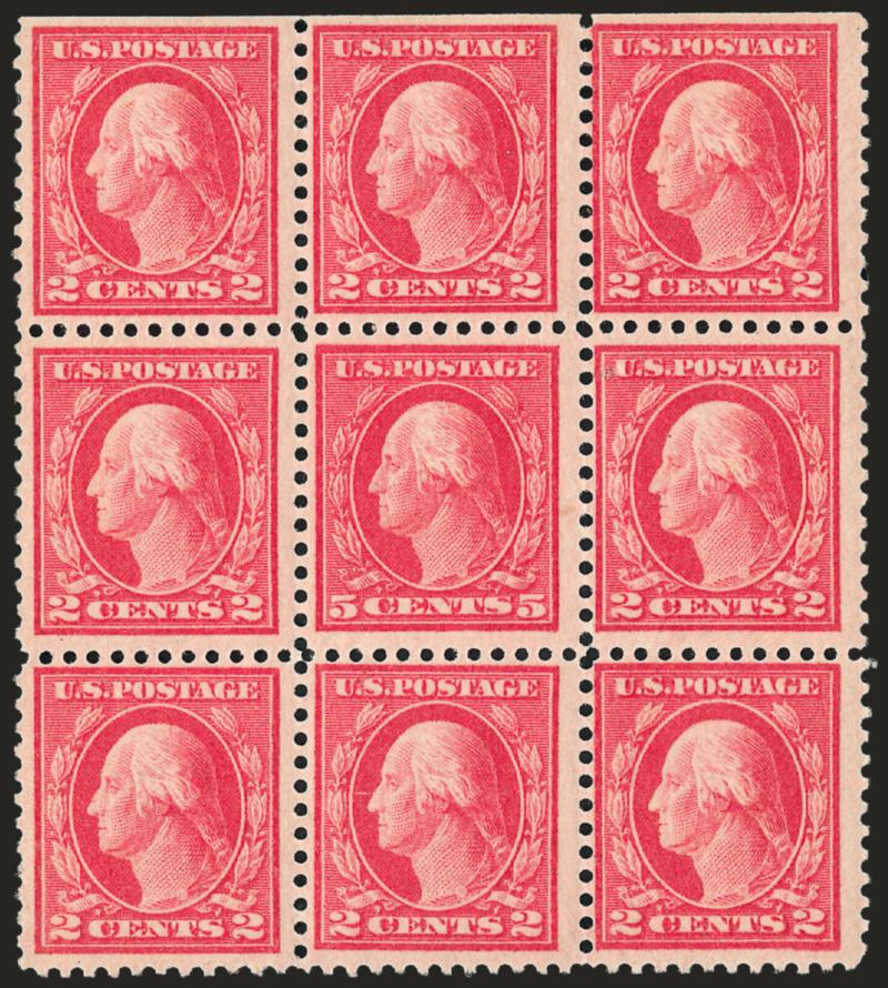 5c Rose, Error (505).> Mint N.H. single error in block of nine with natural s.e. at top, brilliant color, one 2c at right small flaw at top left probably from perf disc, otherwise Fine