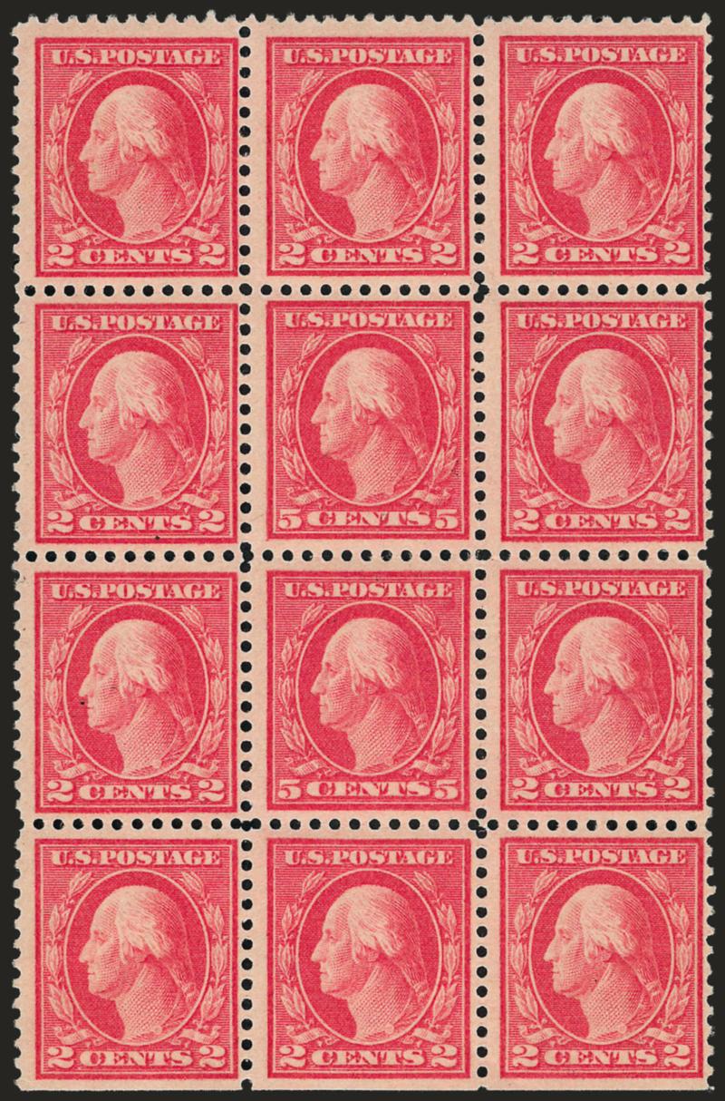5c Rose, Error (505).> Block of twelve, two middle stamps the errors, top error stamp Mint N.H., Fine, Scott Retail as hinged double error block of twelve