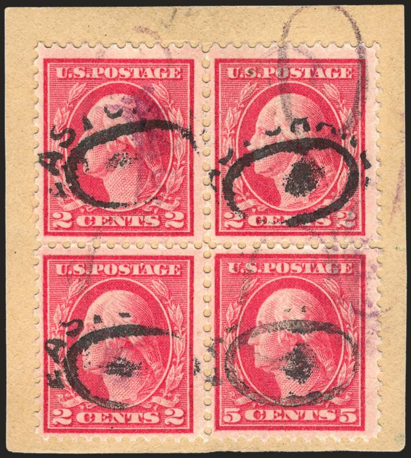 5c Rose, Error (505).> Single error in block of four, bottom right stamp the error, tied by oval registry cancels on small piece, horizontal crease affects bottom stamps, appears Fine, scarce genuinely used and
desirable in a multiple with 2c stamps,