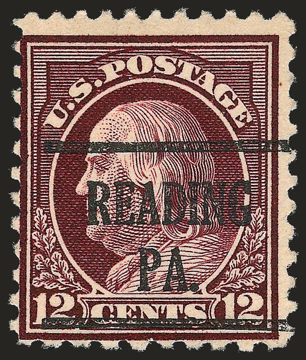 12c Claret Brown, Perf 10 at Top (512b).> Deep rich color, neat Reading PA precancel, typical centering for this difficult issue<><>^FINE AND RARE. FEWER THAN TEN EXAMPLES OF THE 12-CENT PERF 10 AT TOP OR
BOTTOM ARE KNOWN TO US. ONE OF THE RAREST