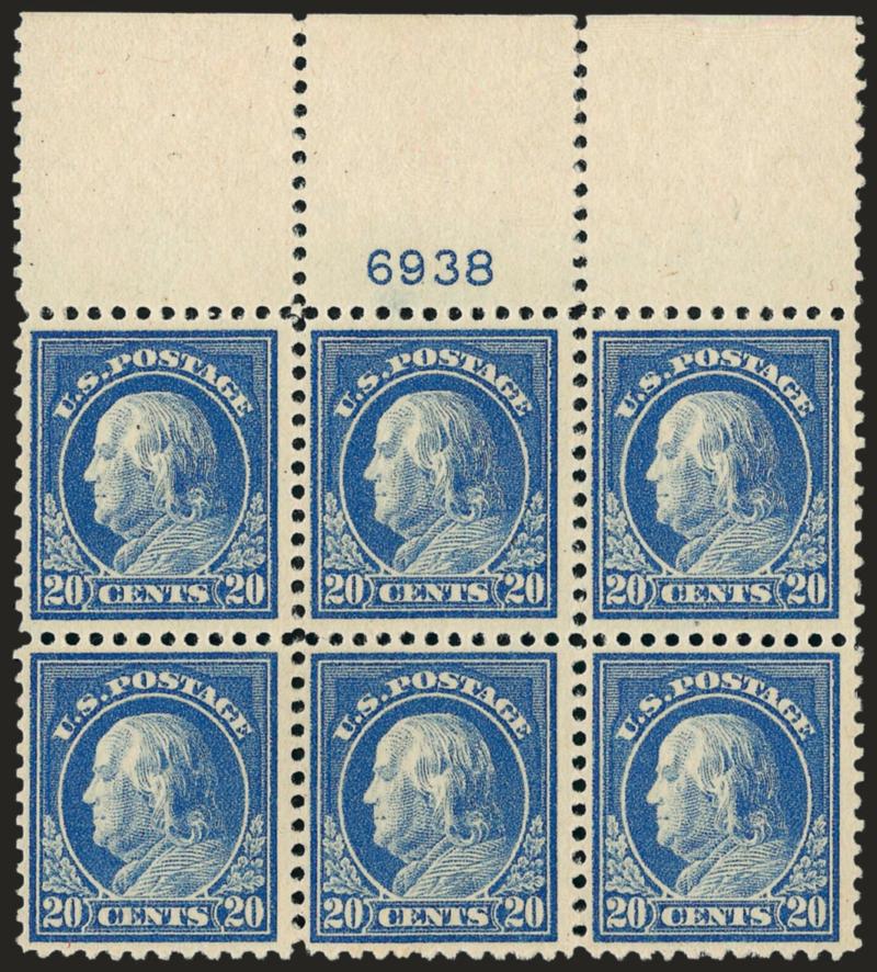 20c Light Ultramarine (515).> Mint N.H. wide top plate no. 6938 block of six, Fine-Very Fine