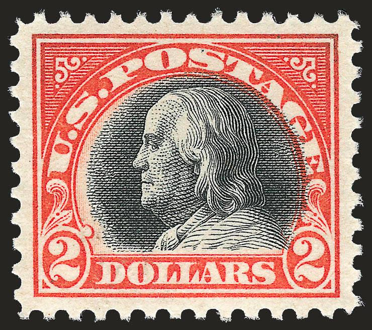 $2.00 Orange Red & Black (523).> Mint N.H., brilliant impressions as fresh as the day they were printed, perfectly centered with unusually wide margins<><>^EXTREMELY FINE GEM. A SUPERB MINT NEVER-HINGED EXAMPLE
OF THE $2.00 ORANGE RED & BLACK 1918