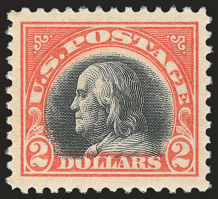 $2.00 Orange Red & Black (523).> Mint N.H., beautiful centering with Jumbo margins all around, bright colors as fresh as the day it was printed, detailed impressions<><>^EXTREMELY FINE. A GORGEOUS MINT
NEVER-HINGED EXAMPLE OF THE $2.00 ORANGE RED &