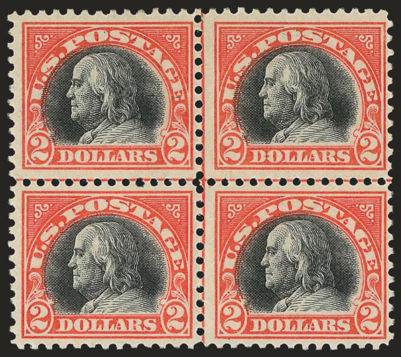 $2.00 Orange Red & Black (523).> Center line block of four, lightly hinged, brilliant colors, fresh and Fine