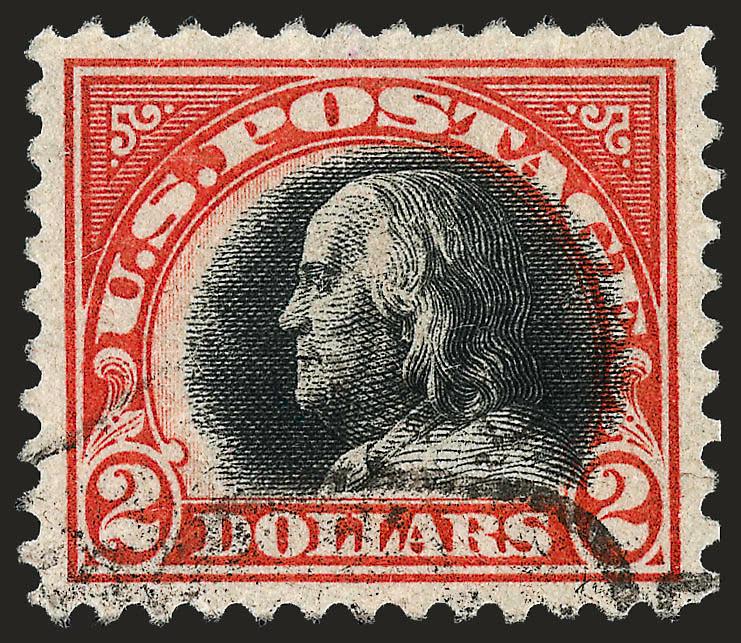 $2.00 Orange Red & Black (523).> Intense colors and impressions, face-free cancel at bottom, choice centering with wide margins, fresh and Extremely Fine, a beautiful stamp, with 2004 P.S.E. certificate
(XF-Superb 95 SMQ $1,100.00), only three have