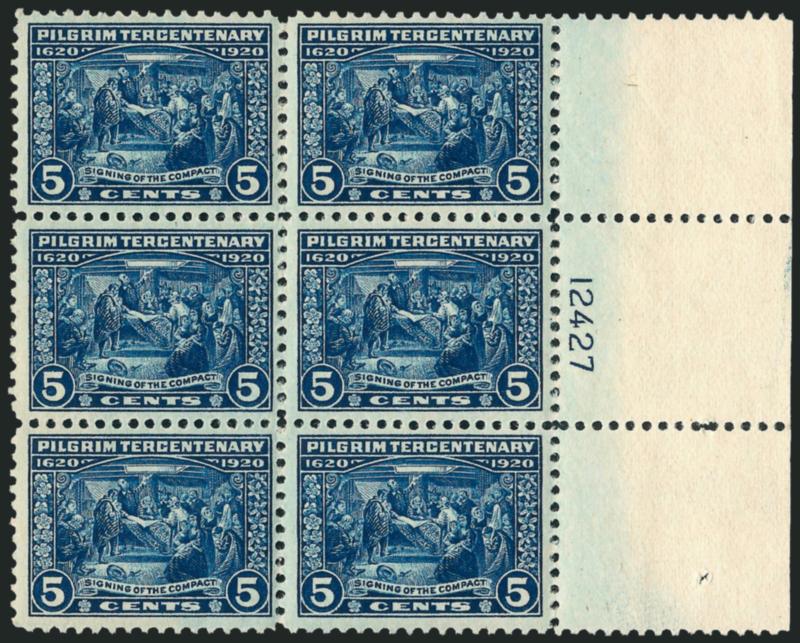 5c Pilgrim Tercentenary (550).> Mint N.H. right plate no. 12427 block of six, Fine-Very Fine
