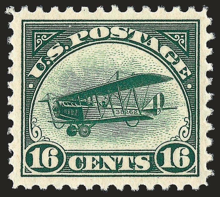 16c Green, 1918 Air Post (C2).> Mint N.H., intense shade and impression, Extremely Fine Gem, a pretty stamp, with 2005 P.S.E. certificate (XF-Superb 95 SMQ $640.00)