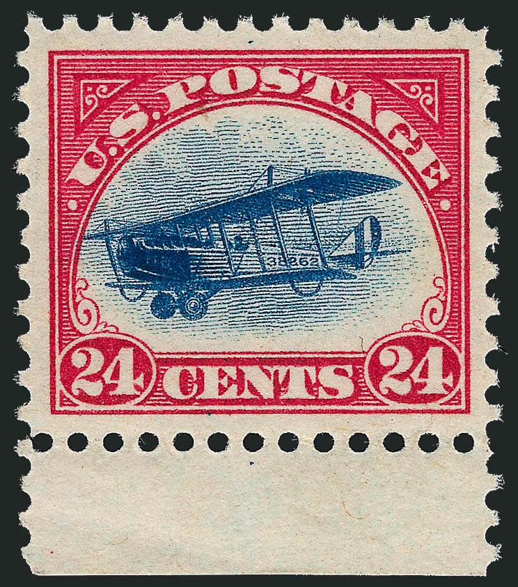 24c Carmine Rose & Blue, 1918 Air Post (C3).> Mint N.H., perfectly centered with sheet selvage at bottom, wonderful rich colors, Extremely Fine Gem, a brilliant post-office fresh example of the first Air Post
issue, with 2008 P.S.E. certificate (XF-S
