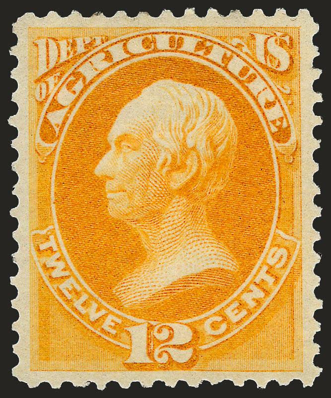 12c Agriculture (O6).> Original gum, lightly hinged, vibrant color as fresh as the day it was printed, well-proportioned margins, Extremely Fine, a pretty stamp, with 2008 P.S.E. certificate (XF 90 SMQ
$1,050.00)