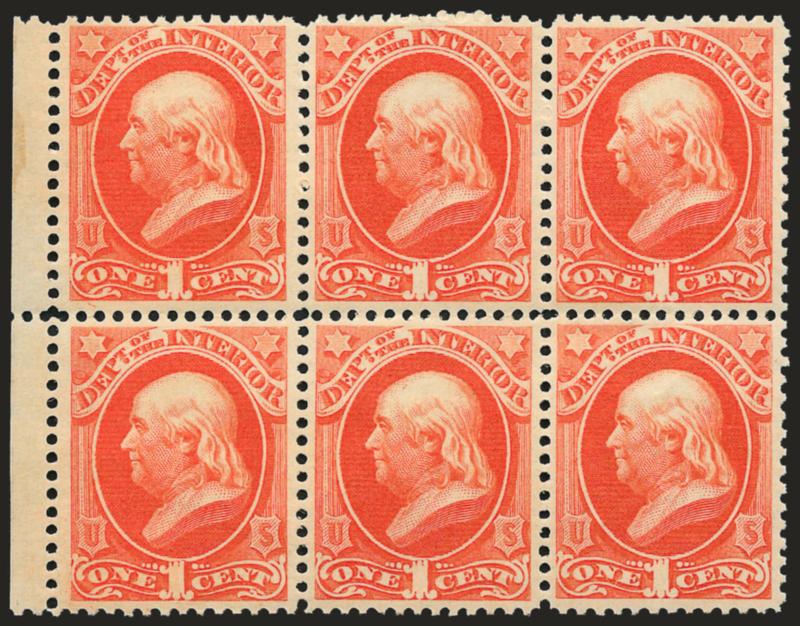 1c Interior (O15).> Block of six with selvage at left, right vertical pair Mint N.H., others barely hinged, left stamps light natural gum skips, bright color, choice centering, fresh and Extremely Fine, with
2006 P.F. certificate, Scott Retail as blo