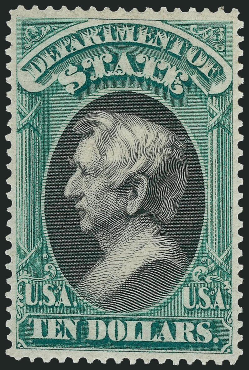 $10.00 State (O70).> Original gum, lightly hinged, absolutely perfect centering and wide even margins, proof-like impression and colors, pristine<><>^EXTREMELY FINE GEM. UNDOUBTEDLY ONE OF THE FINEST
ORIGINAL-GUM EXAMPLES OF THE $10.00 STATE DEPART