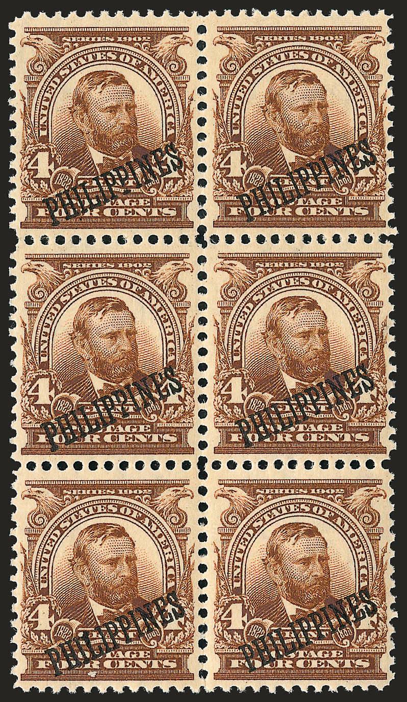 PHILIPPINES, 1903, 4c Brown (229).> Mint N.H. block of six, bright shade, detailed impression, fresh and Very Fine, a pretty block, Scott Retail as singles