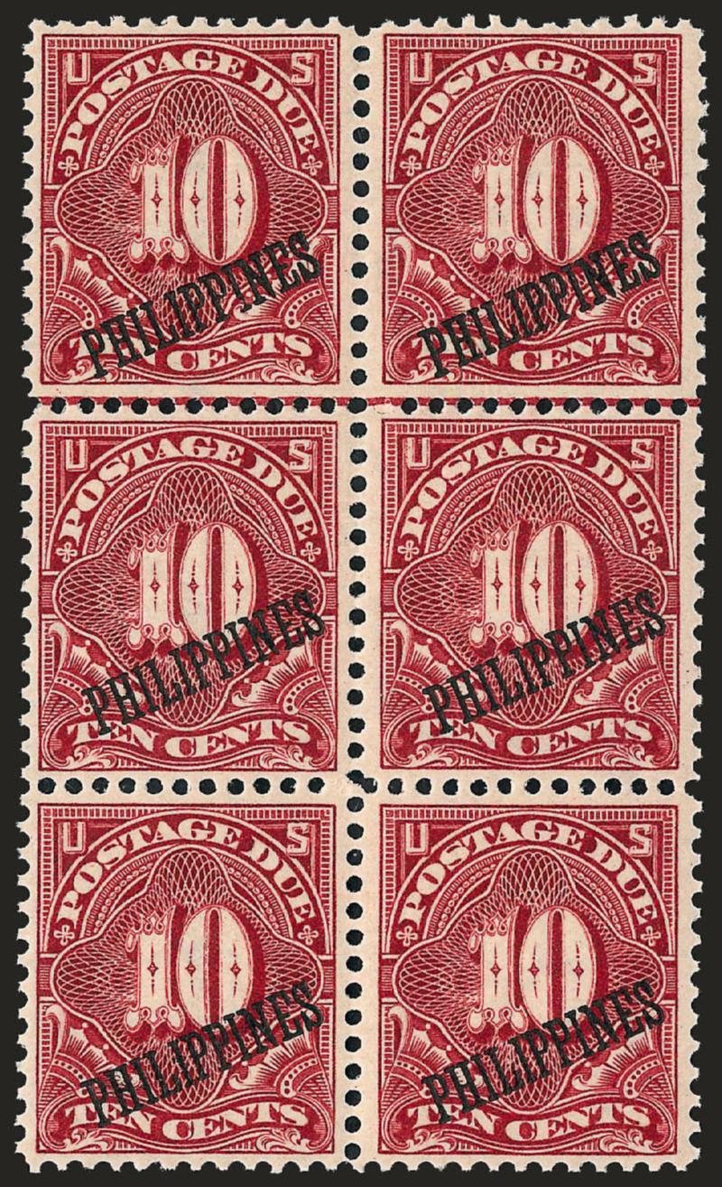 PHILIPPINES, 1899, 10c Deep Claret, Postage Due (J4).> Mint N.H. blocks of four and six and also a vertical pair, rich colors, Very Fine, Scott Retail as singles