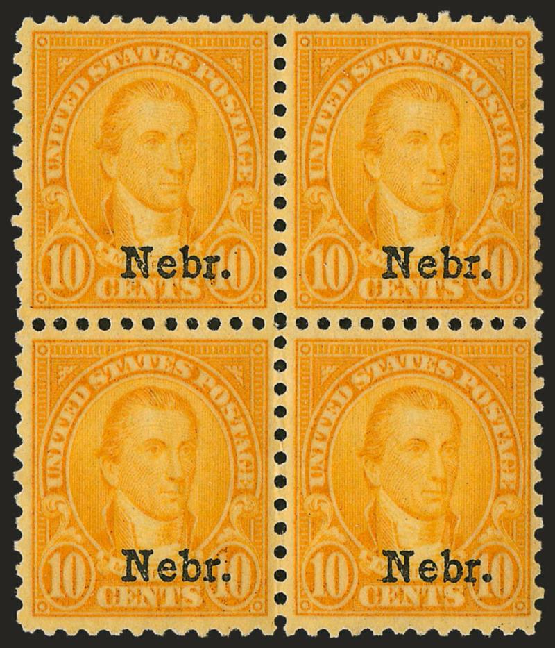 1c-10c Kans., Nebr. Overprints (658-679).> Blocks of four, approximately 80% of stamps Mint N.H., Fine-Very Fine, better set of blocks than typically seen