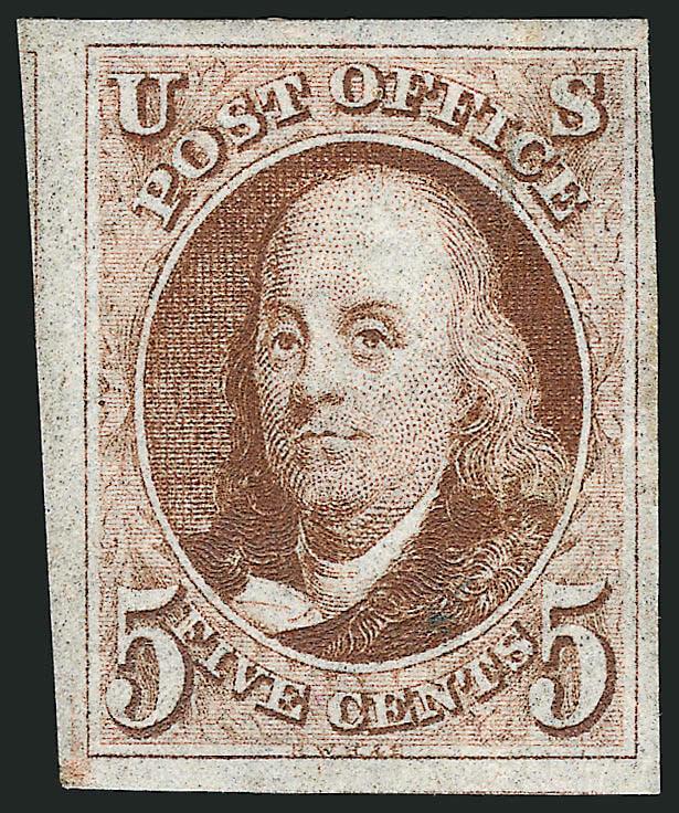 5c Red Brown (1).> Original gum, tiny h.r., large to huge margins with trace of adjoining stamp at left, rich color, vertical crease -- a type of gum-induced creasing often found in this issue<><>^EXTREMELY FINE
APPEARING ORIGINAL-GUM EXAMPLE OF TH