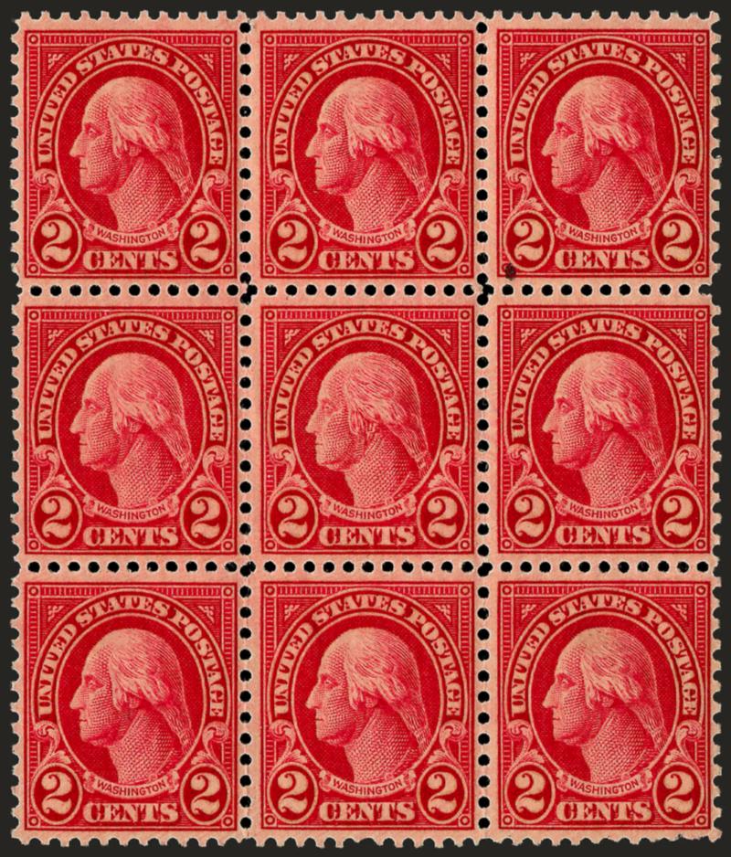 2c Carmine, Ty. I, Long Ear Recut (634 var).> Center stamp in Mint N.H. block of nine, the recut Position 34 from upper right pane of plate 20342, brilliant color, top right 2c stamp natural inclusion not
mentioned on accompanying certificate, Very