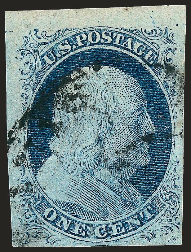 1c Blue, Ty. IV (9).> Position 1R1L, recut once at bottom (only 8 on plate), ample to large margins incl. <top sheet margin,> town datestamp, Very Fine and choice, with 1985 P.F. certificate