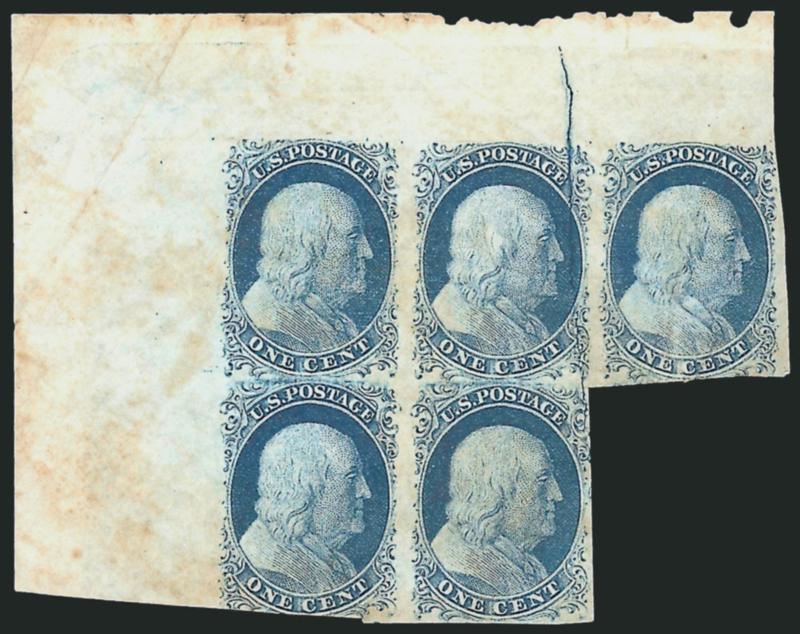 1c Blue, Ty. II, Plate 2 Crack (7 var).> Positions 1-311-12L2, block of five with huge corner sheet margins, unused (no gum), the crack extends from the top of the sheet margin thru Position 2L and into 12L
below, stains, thin in bottom left stamp,