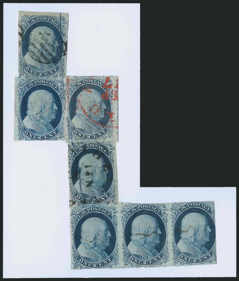 1c Blue, Ty. II, Plate 2 Crack (7 var).> Reconstruction of the crack with Positions 2L, 12L, 13L (cancelled with paint red circular datestamp), 23L, and a pen-cancelled strip of three 33-35L with the rare 33L
crack, which only occurred when the fla