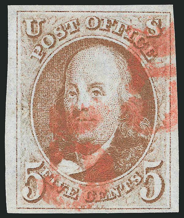 5c Red Brown (1).> Large margins all around, bright shade and rich color, cancelled by two clear strikes of Baltimore <red 5 numeral> handstamp, fresh and Extremely Fine, ex Grunin and Wall, with 1977 P.F.
certificate