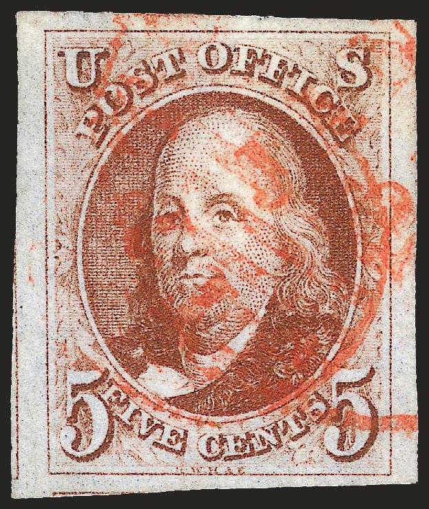5c Red Brown (1).> Brilliant color approaching the Orange Brown shade, large to huge margins incl. part of adjoining stamps at left and bottom, red grid and also <red circular datestamp> cancels, fresh and
Extremely Fine, with 1997 P.S.E. and 1998 P.
