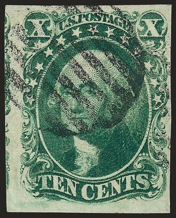 10c Green, Ty. II (14).> Huge left margin showing part of adjoining stamp, other sides full to clear, grid cancel, Very Fine