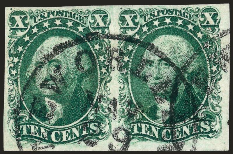 10c Green, Ty. II (14).> Horizontal pair, ample to large margins, deep shade, New Orleans datestamp, Very Fine, with 2003 P.F. certificate
