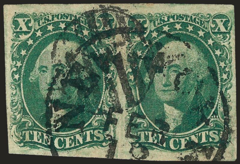 10c Green, Ty. II (14).> Horizontal pair, full to large margins, bright yellowish shade, cancelled by grid and New York circular datestamp, overall toning which is minor enough to be ignored on certificate,
still Very Fine, with 2000 P.F. certificate