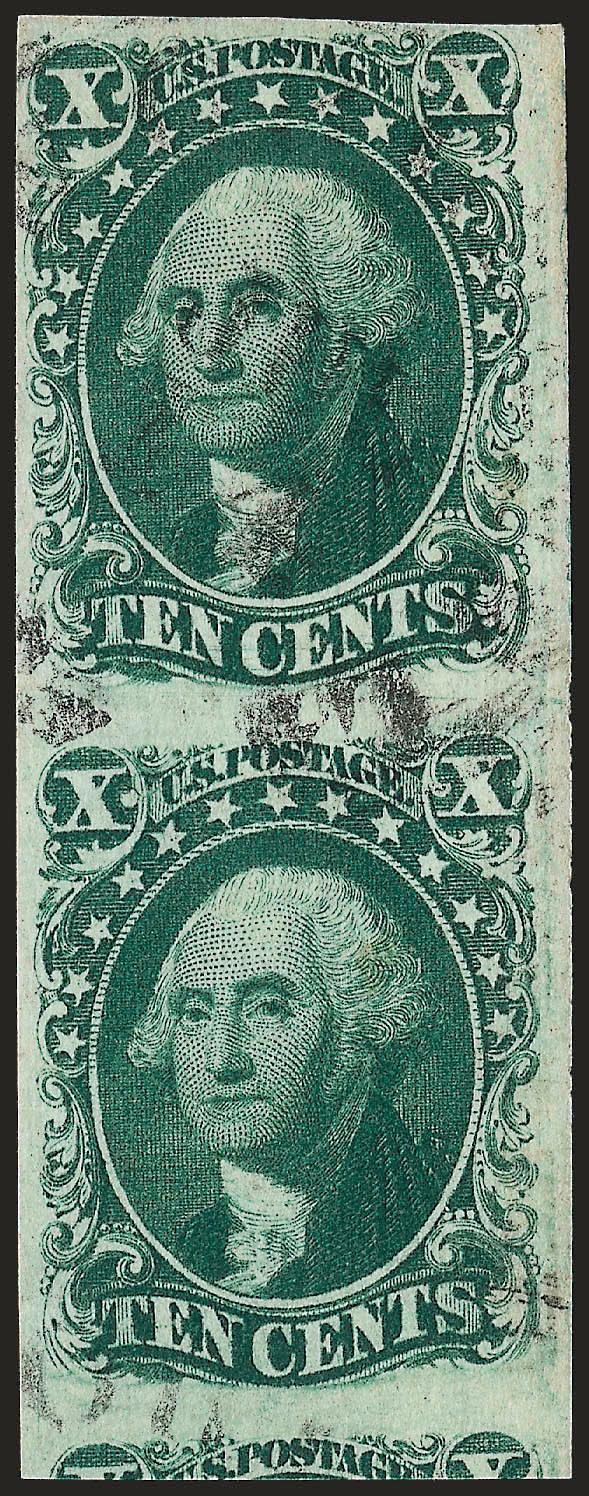 10c Green, Ty. IIIII (1415).> Positions 7787R1, vertical pair, top stamp Type II, bottom Type III, huge margins including portion of adjoining stamp below, clear to ample at top, deep shade and fine impression,
lightly struck New Orleans datestamp