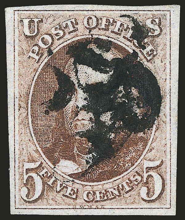 5c Red Brown (1).> Large margins all around, deep shade and impression, bold <black 5 numeral> handstamp struck twice, Extremely Fine, scarce and desirable numeral cancel struck in black, with 1990 P.F.
certificate