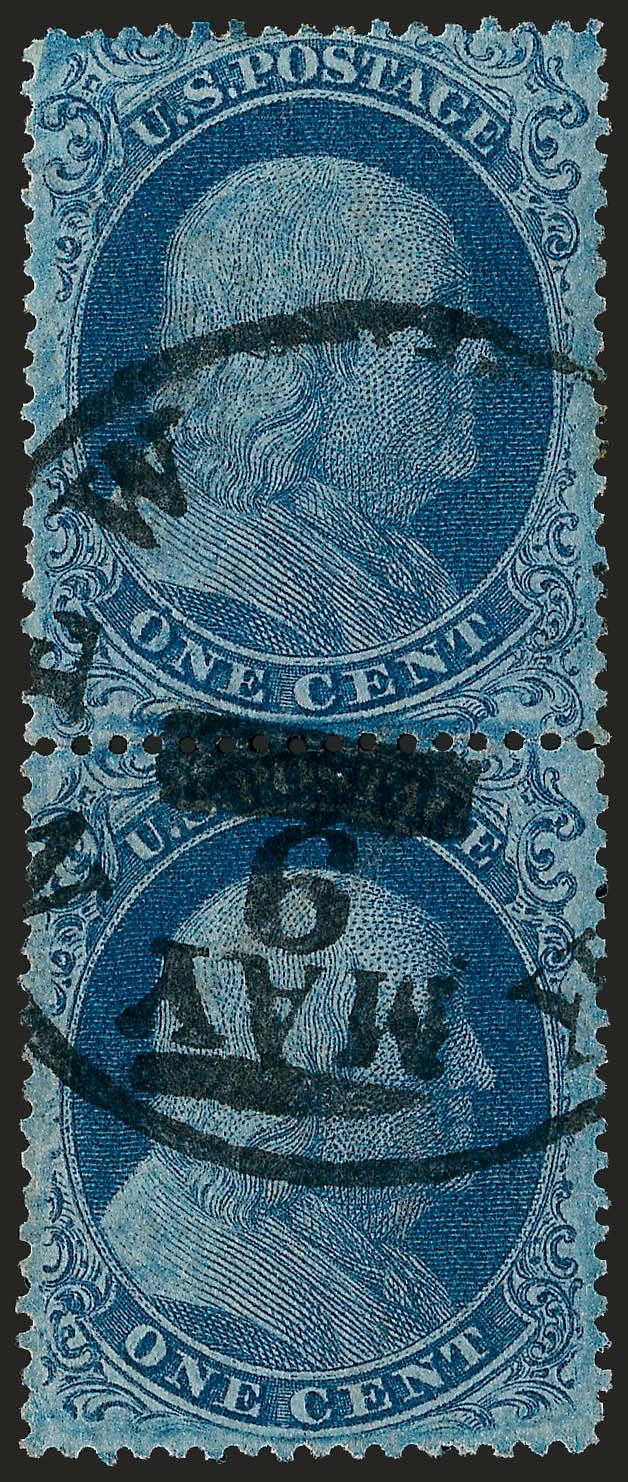 1c Blue, Ty. III (18, 20).> Vertical pair, Positions 6676R12, top stamp Type I, bottom stamp Type II, dark color on fresh paper, bold New York circular datestamp<><>^EXTREMELY FINE. AN EXCEPTIONALLY CHOICE AND
ATTRACTIVE COMBINATION PAIR OF THE 1