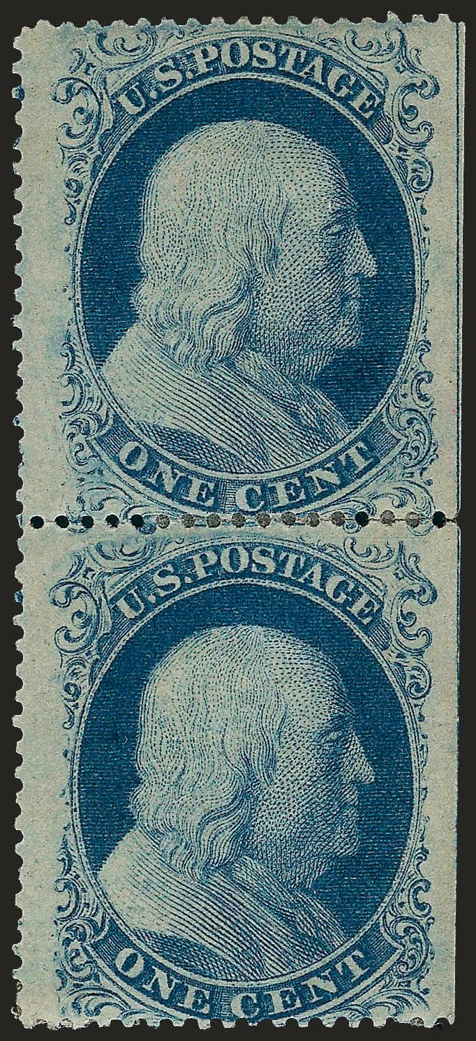 1c Blue, Ty. III (18, 20).> Vertical pair, top stamp Type I, bottom stamp Type II, <straddle-pane margin> at right showing most of center line, original gum, h.r., brilliant color<><>^FINE-VERY FINE. A SCARCE
AND ATTRACTIVE COMBINATION PAIR OF THE